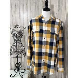 J Crew Men’s Plaid Navy And Dark Yellow Flannel Button Up Size Medium